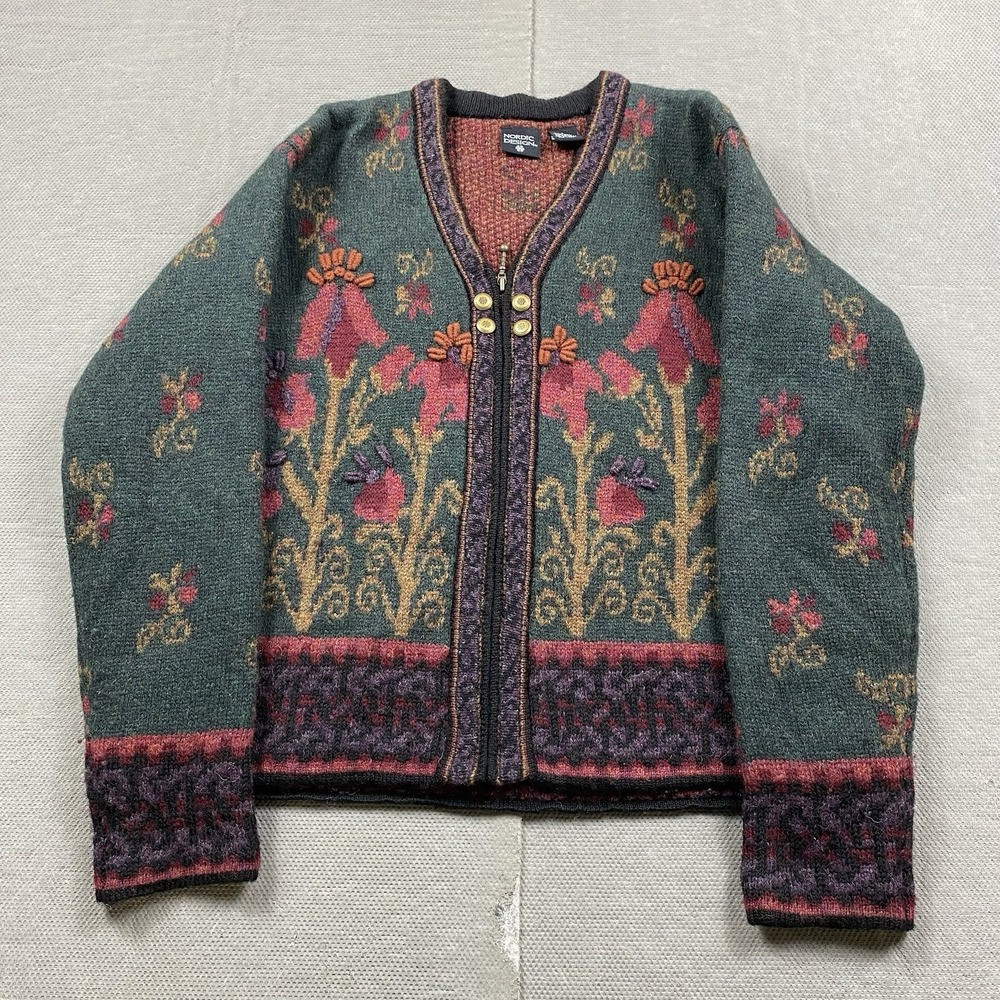 Vintage Nordic Design Sweater Womens Small Green Wool Floral Zip Up Comfort
